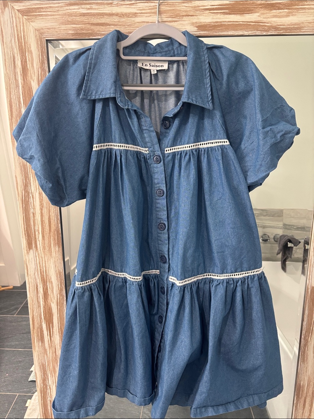 En Saison Blue Denim Button-Front puff sleeve mini dress